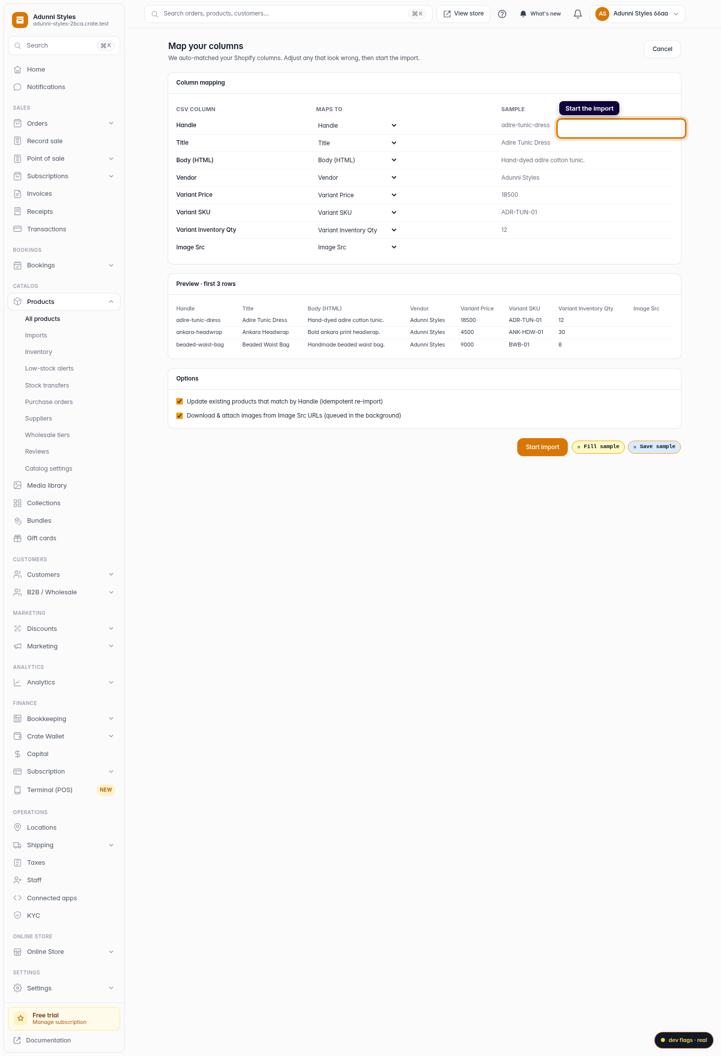 Import products from a CSV: step 5 (web)