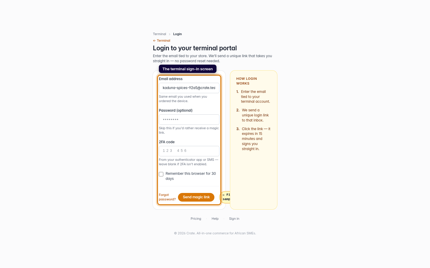Log in to your Terminal portal: step 2 (web)