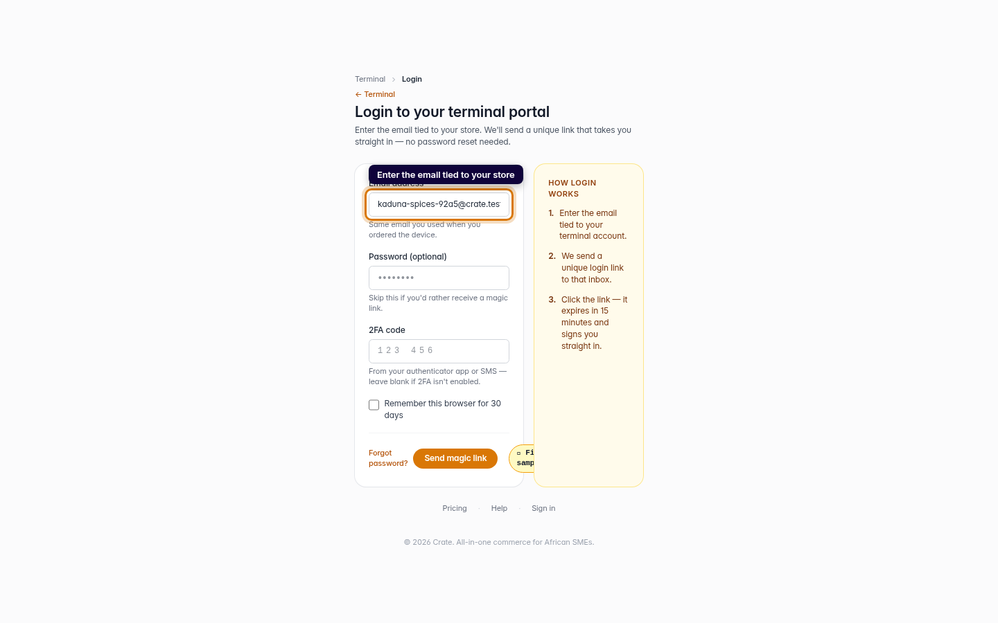 Log in to your Terminal portal: step 3 (web)