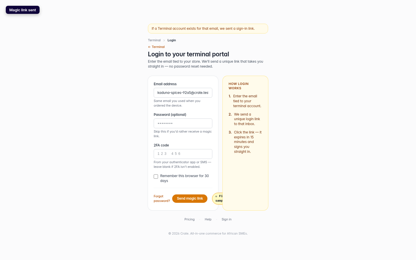 Log in to your Terminal portal: step 4 (web)