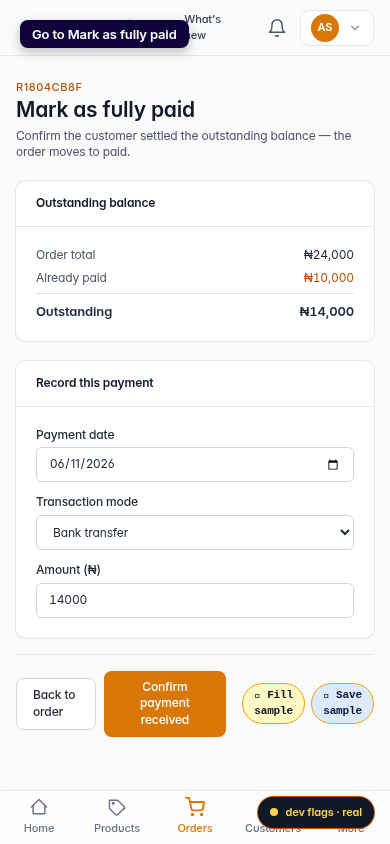 Mark a part-paid order as fully paid: step 3 (mobile)