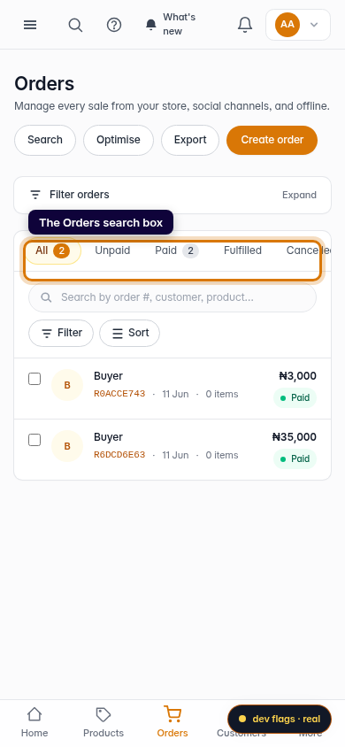 Find an order by its number: step 1 (mobile)