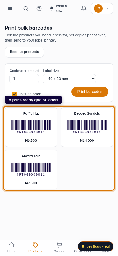 Print bulk barcodes: step 1 (mobile)