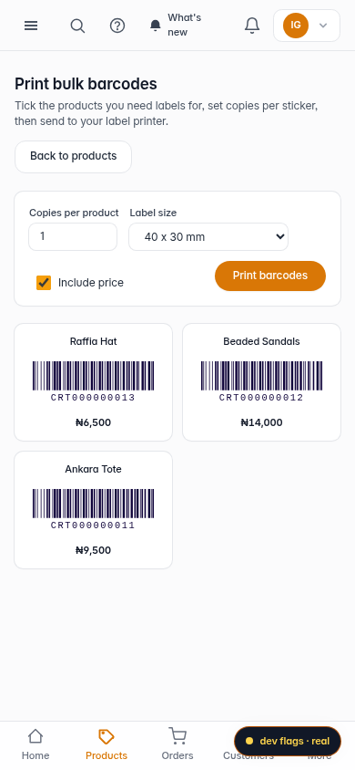 Print bulk barcodes: step 4 (mobile)