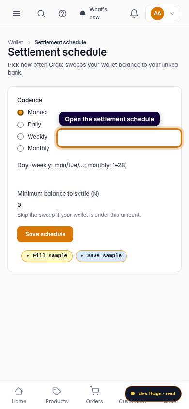 Settlements and remittance schedule: step 1 (mobile)
