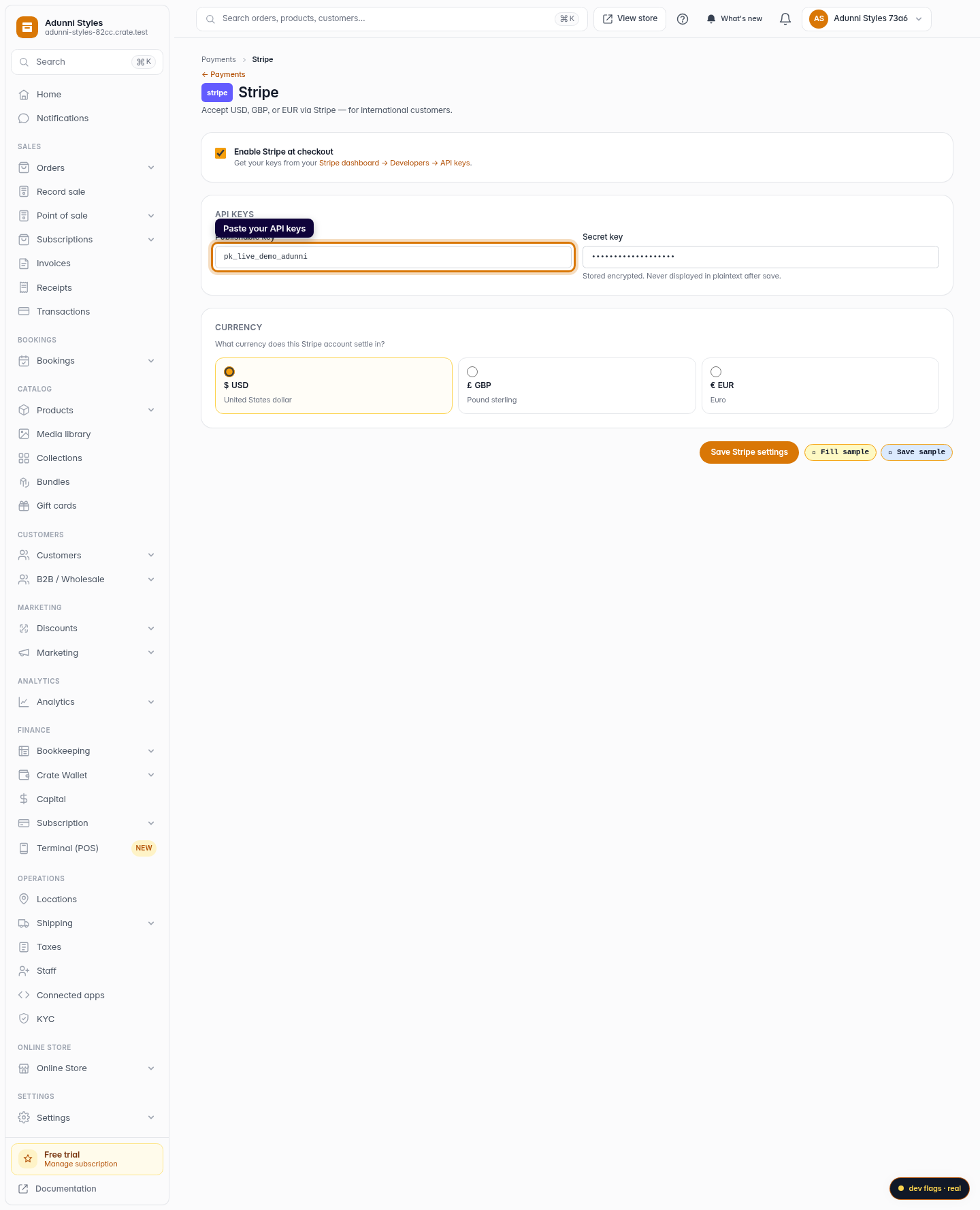 Sell in USD and GBP with Stripe: step 3 (web)
