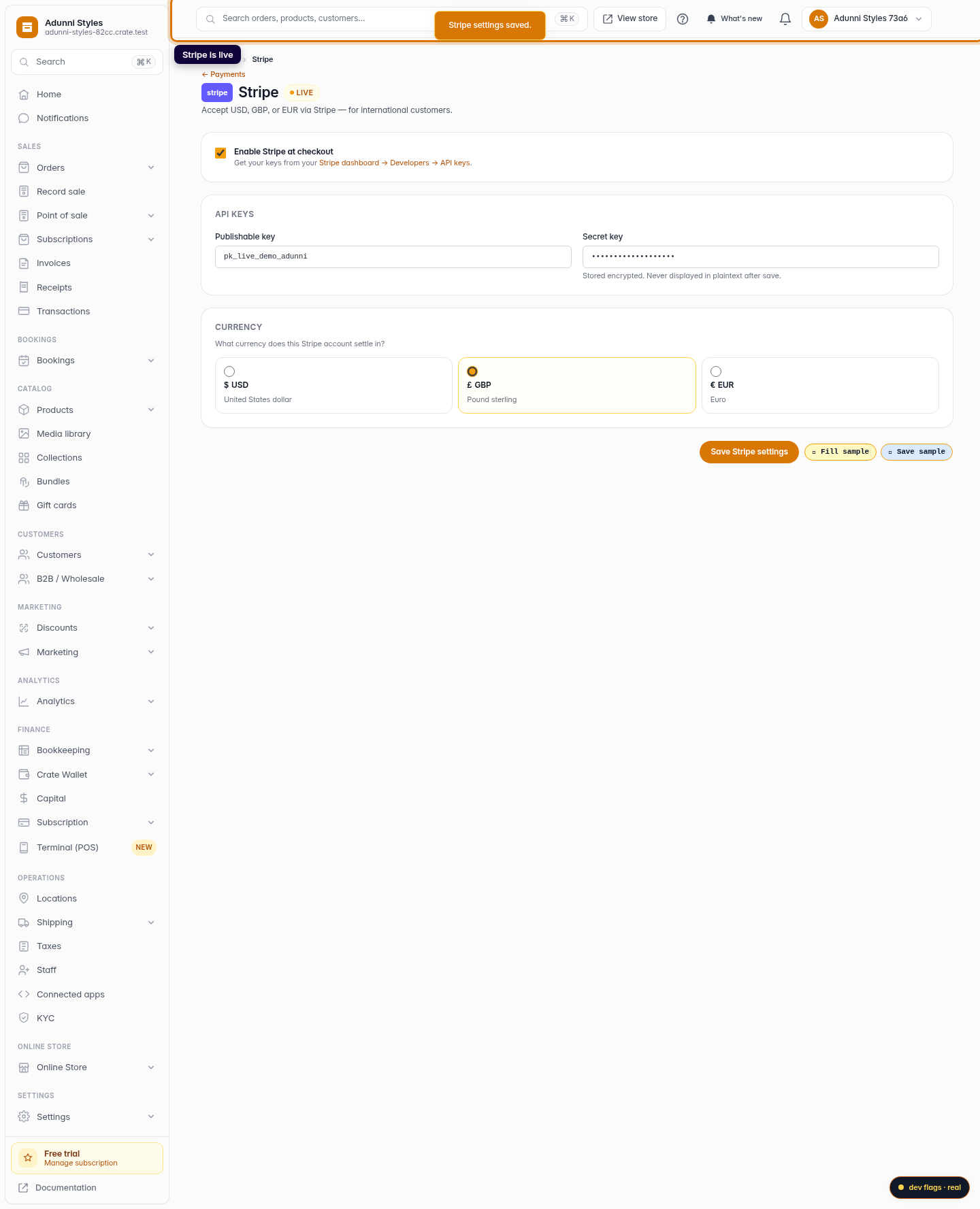 Sell in USD and GBP with Stripe: step 5 (web)