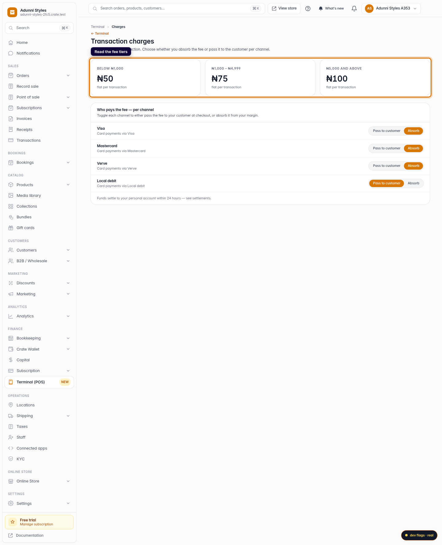 Terminal transaction charges: step 2 (web)