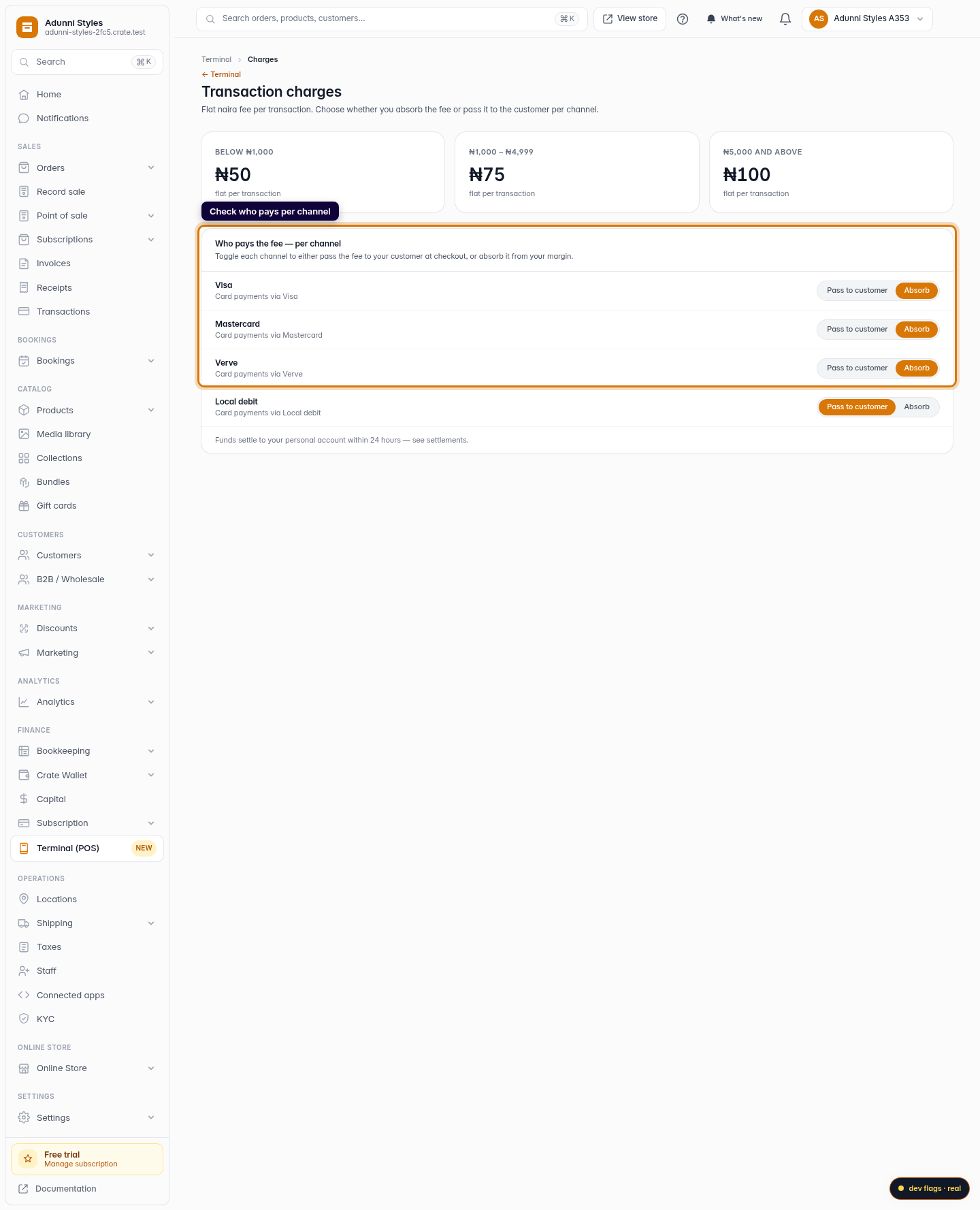 Terminal transaction charges: step 3 (web)