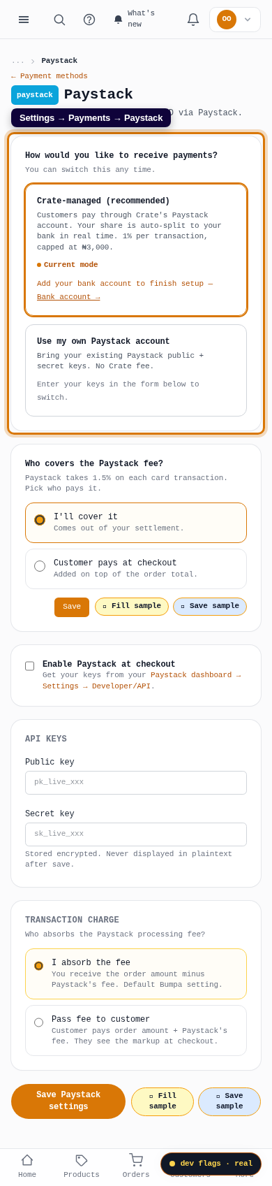 Use your own Paystack keys: step 1 (mobile)