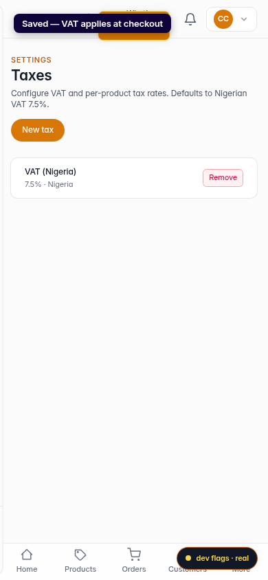 Set up VAT (7.5%) for Nigerian merchants: step 4 (mobile)